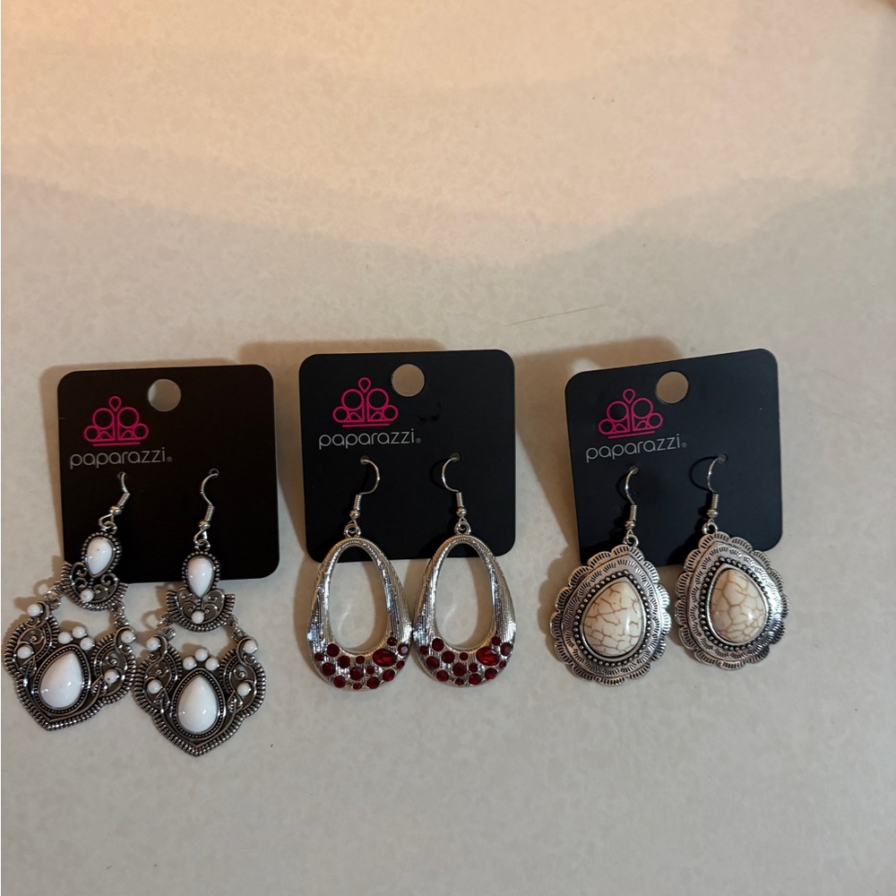 Paparazzi Silver, Red, and White Earring Trio
